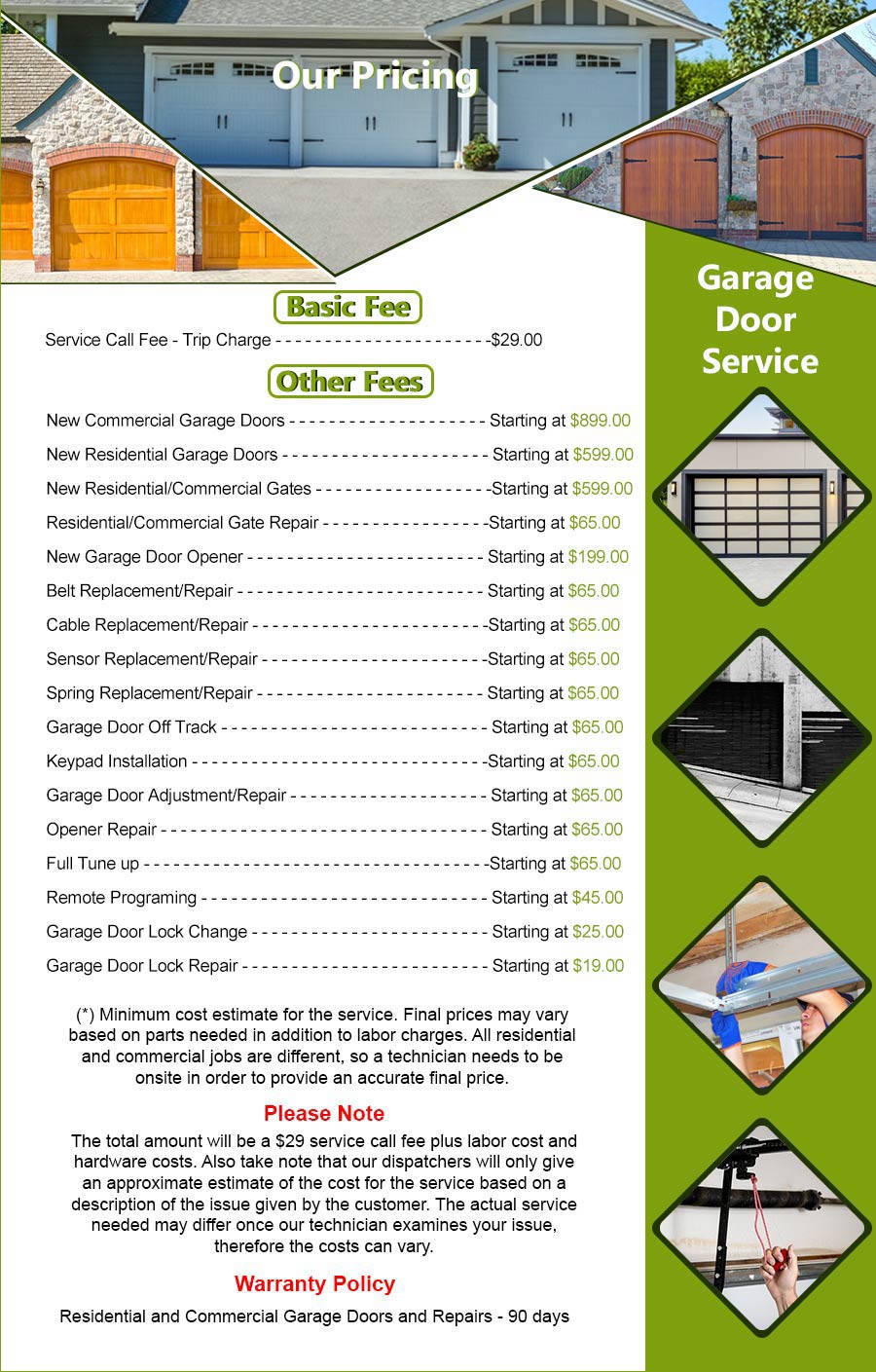 Price List Galaxy Garage Door Service